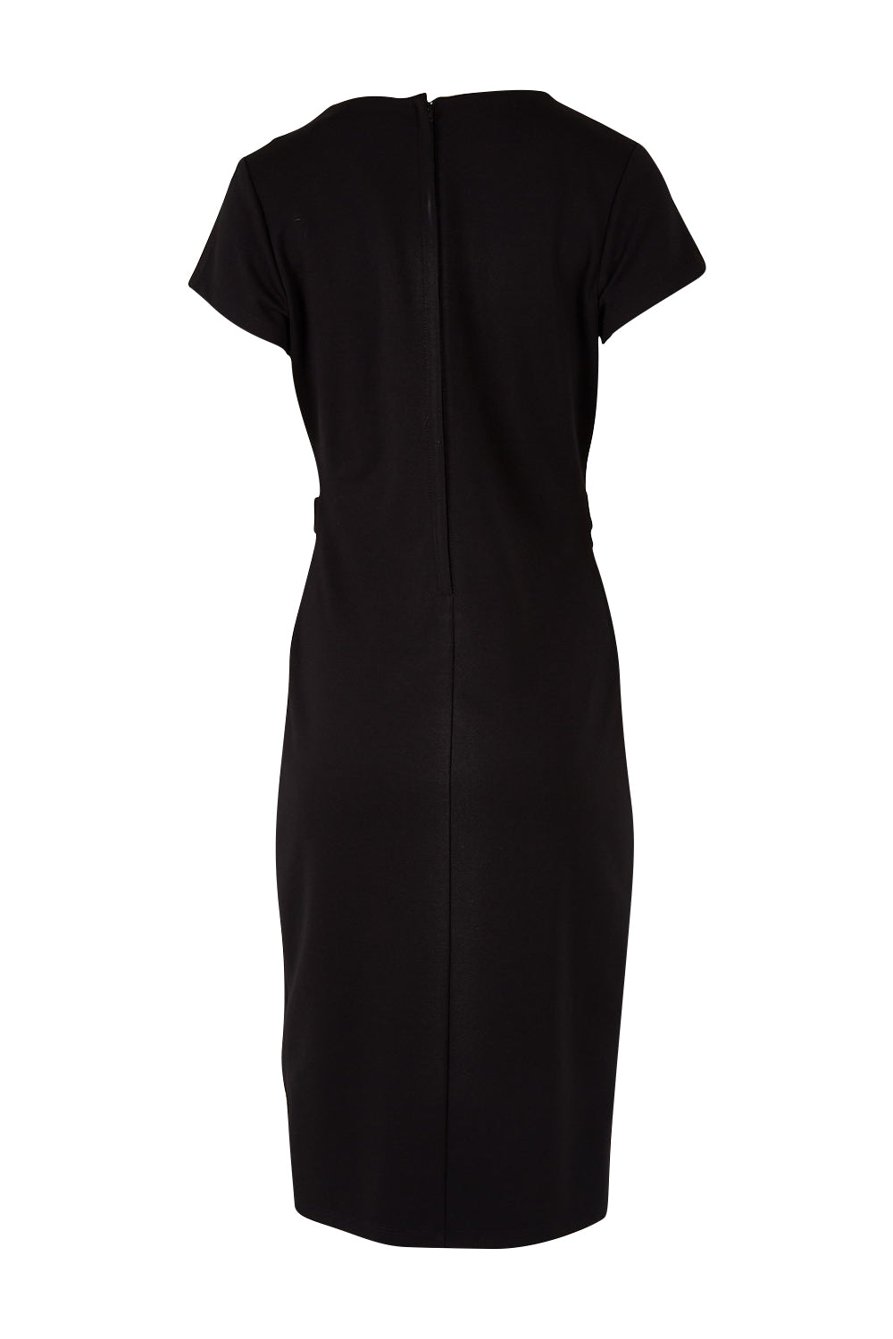 Product shot of The Cap Sleeve Ponte Lapel Dress in colour Black (Black), from the back