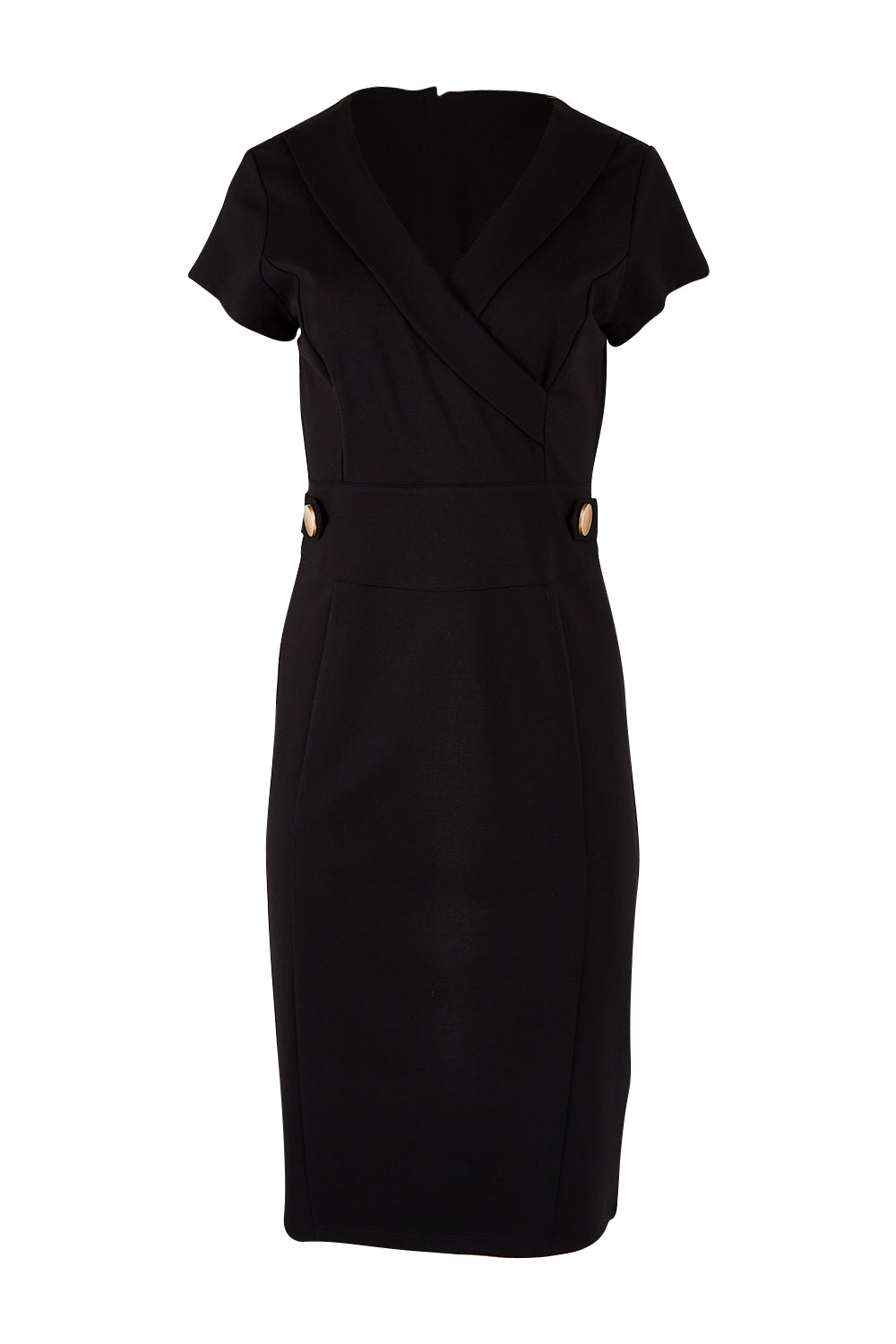 Product shot of The Cap Sleeve Ponte Lapel Dress in colour Black (Black), from the front