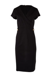 Product shot of The Cap Sleeve Ponte Lapel Dress in colour Black (Black), from the front
