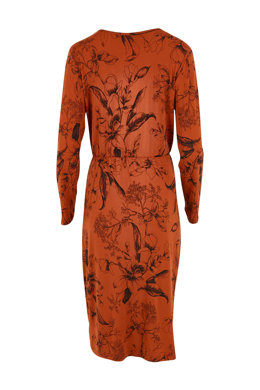 Product shot of The Gathered Detail Printed Dress in colour Rustfloral, from the back