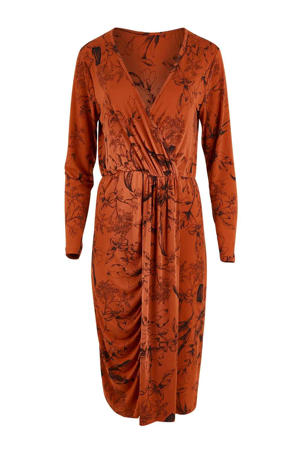 Product shot of The Gathered Detail Printed Dress in colour Rustfloral, from the front