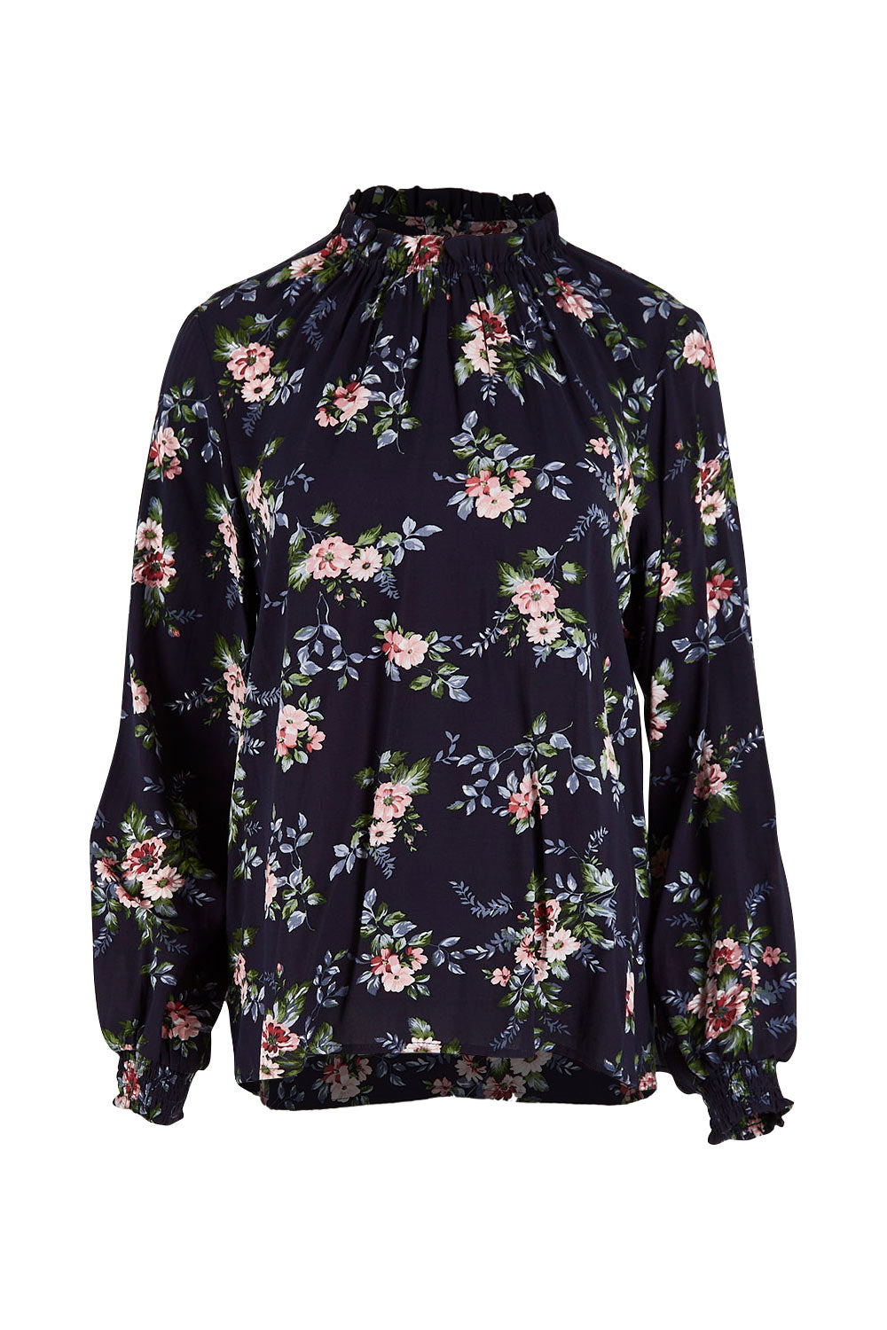 Product shot of The Smocking Detail Printed Top in colour Flower (Blue), from the front