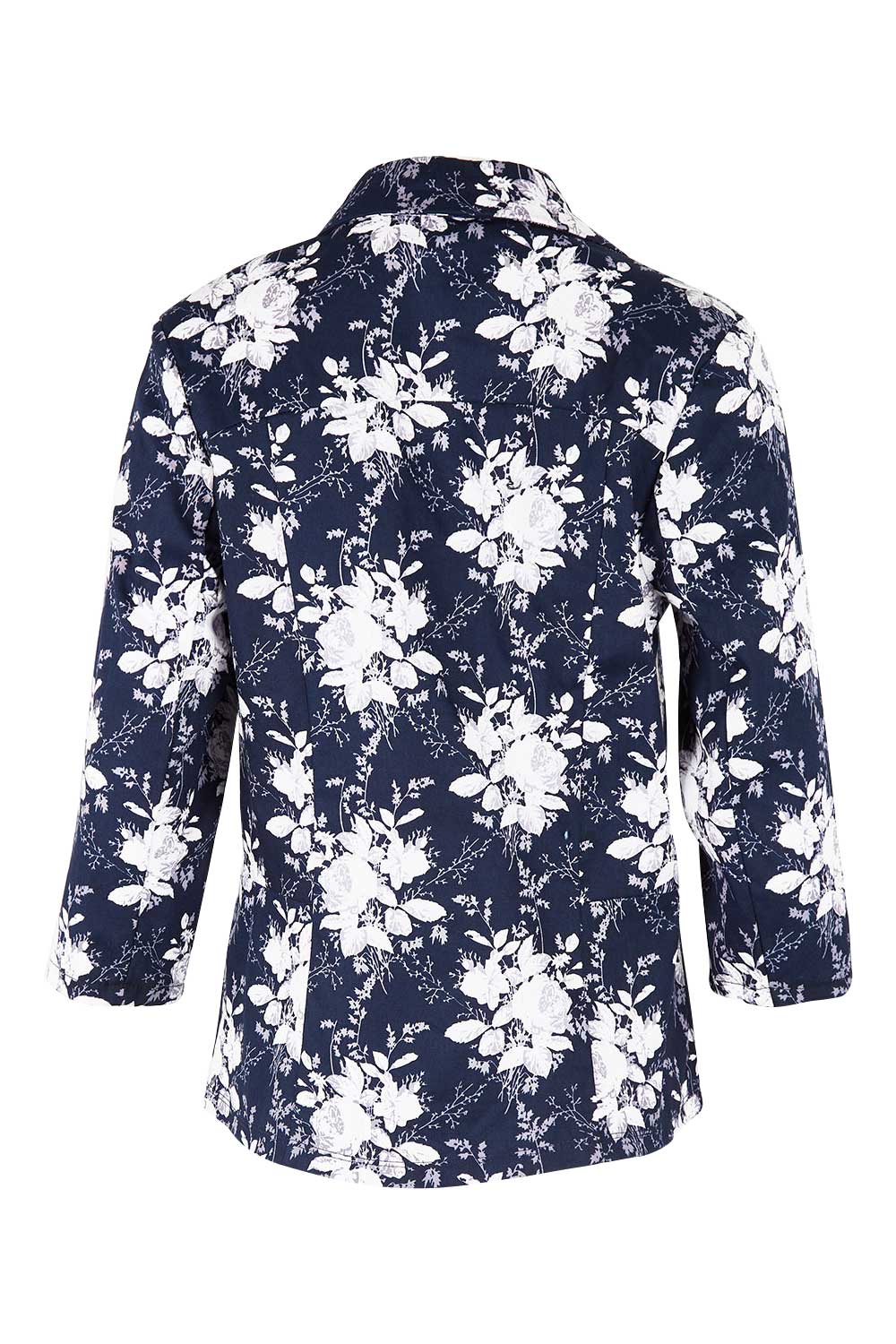 Product shot of The Printed Cotton Pocket Blazer in colour Navyfleur (Blue), from the back