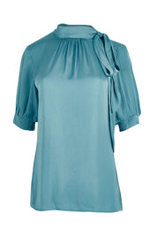 Product shot of The Luxe Tie Neck Blouse in colour Duckegg (Blue), from the front