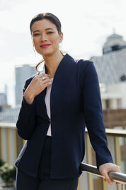 Model Miranda wearing size 10 of The Sculpted Ponte Blazer in colour Darknavy (Blue), from the front, showing the whole outfit