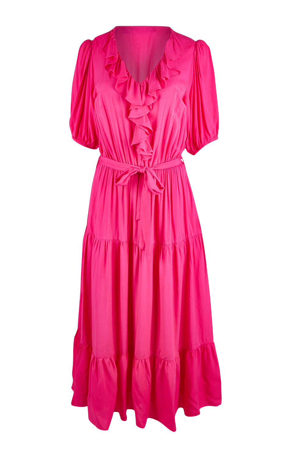 Product shot of The Ruffle Tier Dress in colour Brightpink (Pink), from the front