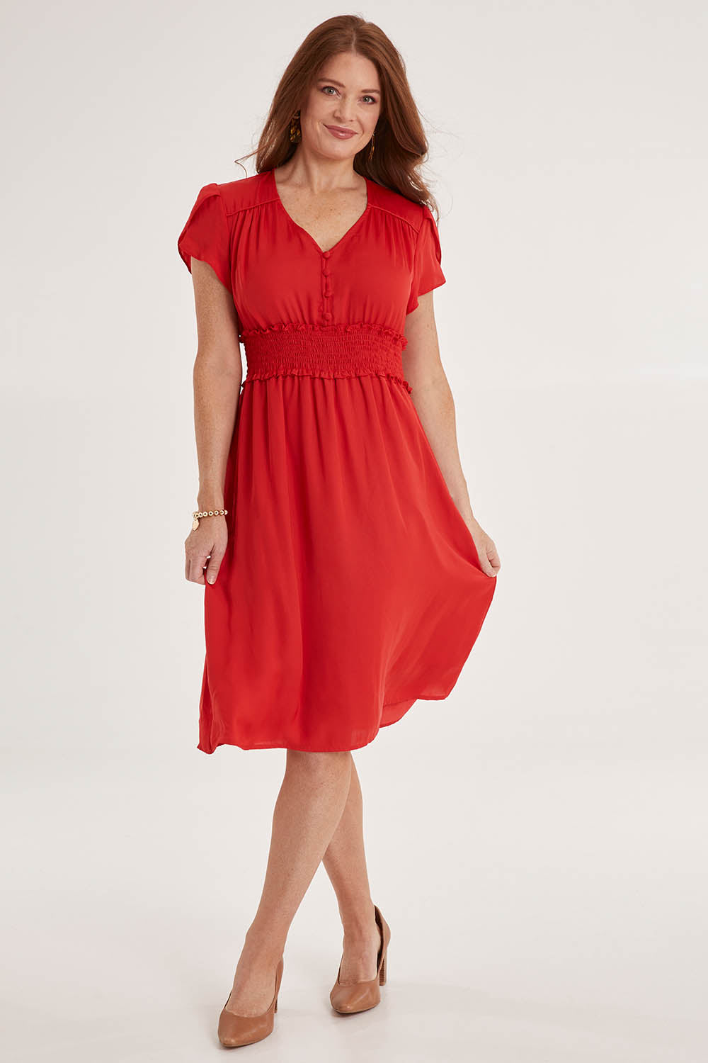 Model Sally wearing size 10 of The Luxe Tulip Sleeve Dress in colour Red (Red), from the front, showing the whole outfit