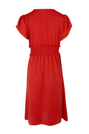 Product shot of The Luxe Tulip Sleeve Dress in colour Red (Red), from the back