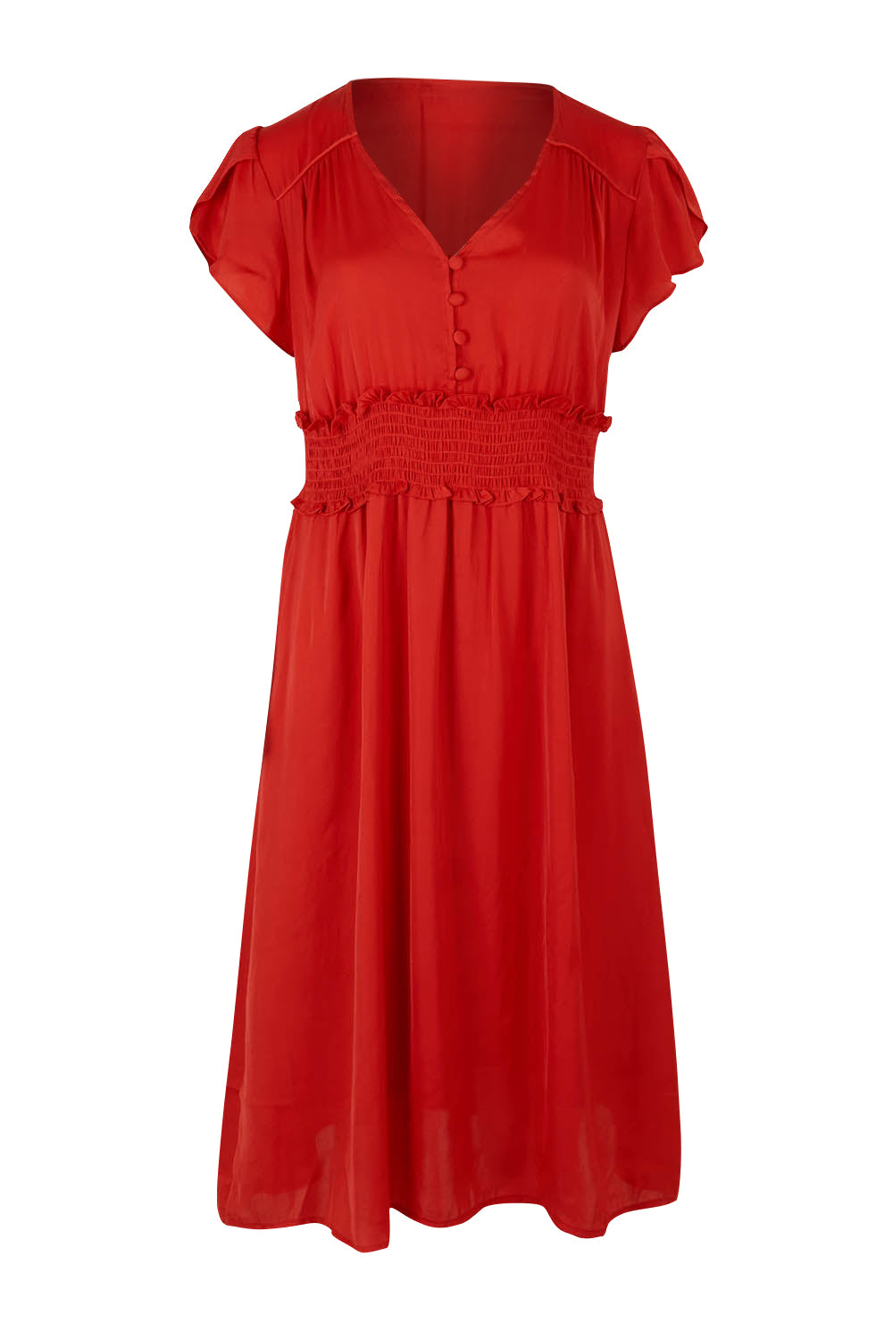 Product shot of The Luxe Tulip Sleeve Dress in colour Red (Red), from the front