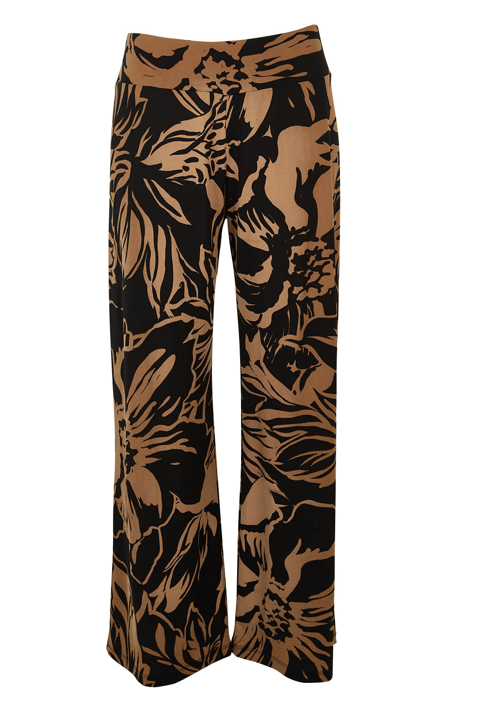 Product shot of The Wide Leg Travel Pant in colour Tanfleur (Black), from the front