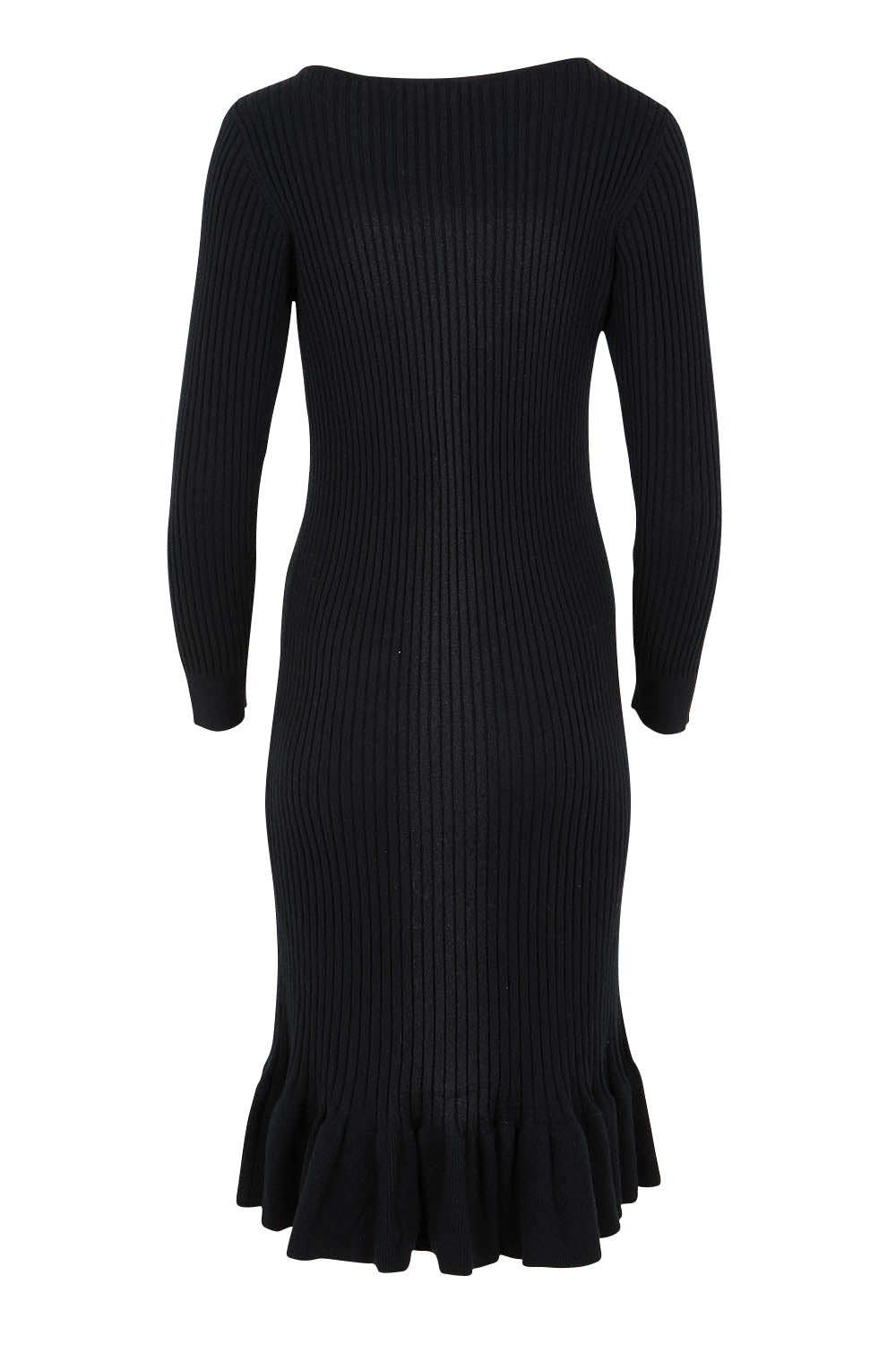 Product shot of The Ruffle Hem Knitted Rib Dress in colour Black (Black), from the back