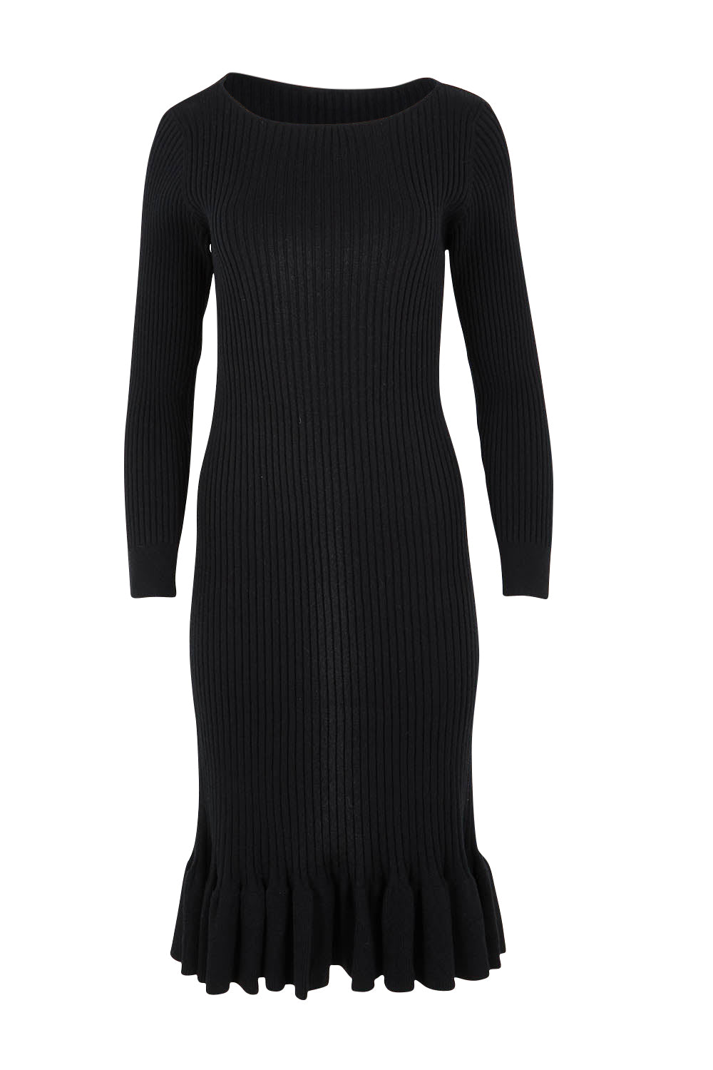 Product shot of The Ruffle Hem Knitted Rib Dress in colour Black (Black), from the front