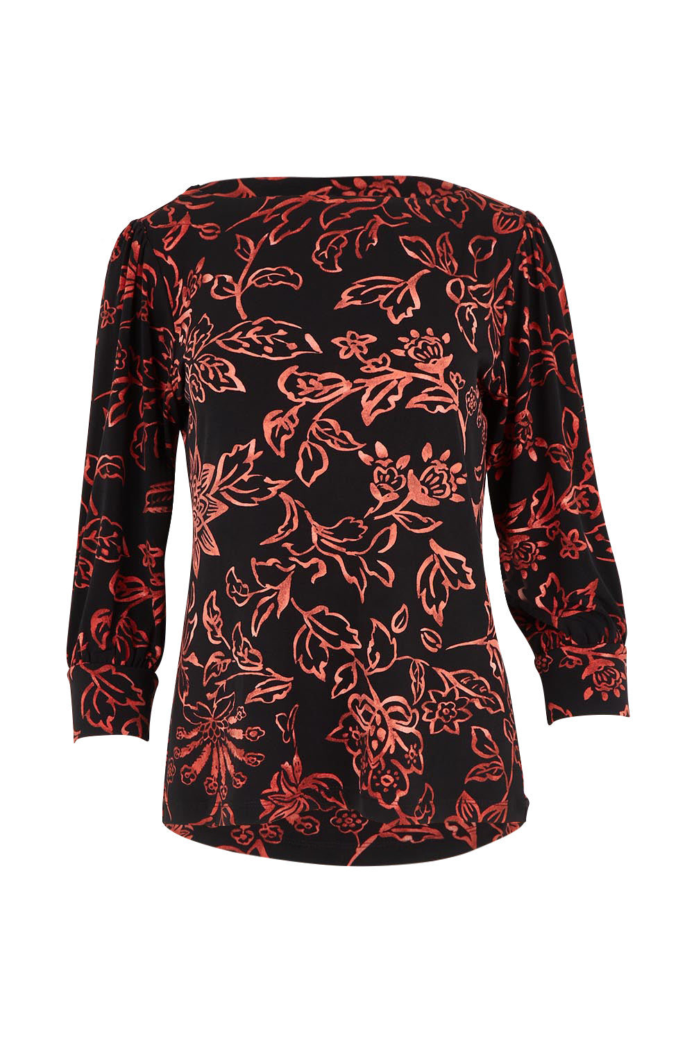 Product shot of The Printed Boat Neck Blouse in colour Emberfleur (Black), from the front