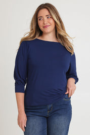 Model Chanel wearing size 16 of The Bamboo Boat Neck Top in colour Navy (Blue), from the front, cropped image