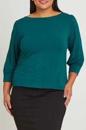 Model Jane wearing size 16 of The Bamboo Boat Neck Top in colour Tealgreen (Green), from the front, cropped image