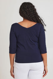 Model Terri-Leigh wearing size 14 of The Reversible Cotton Stretch Top in colour Navy (Blue), from the back