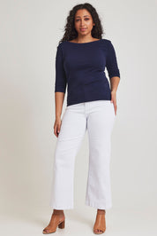 Model Terri-Leigh wearing size 14 of The Reversible Cotton Stretch Top in colour Navy (Blue), from the front, showing the whole outfit