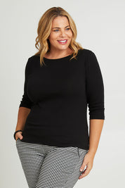 Model Fiona wearing size 16 of The Reversible Cotton Jersey Top in colour Black (Black), from the front, cropped image
