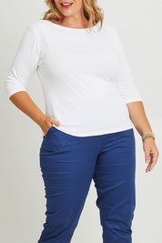Model Fiona wearing size 16 of The Reversible Cotton Jersey Top in colour White (White), from the front, cropped image