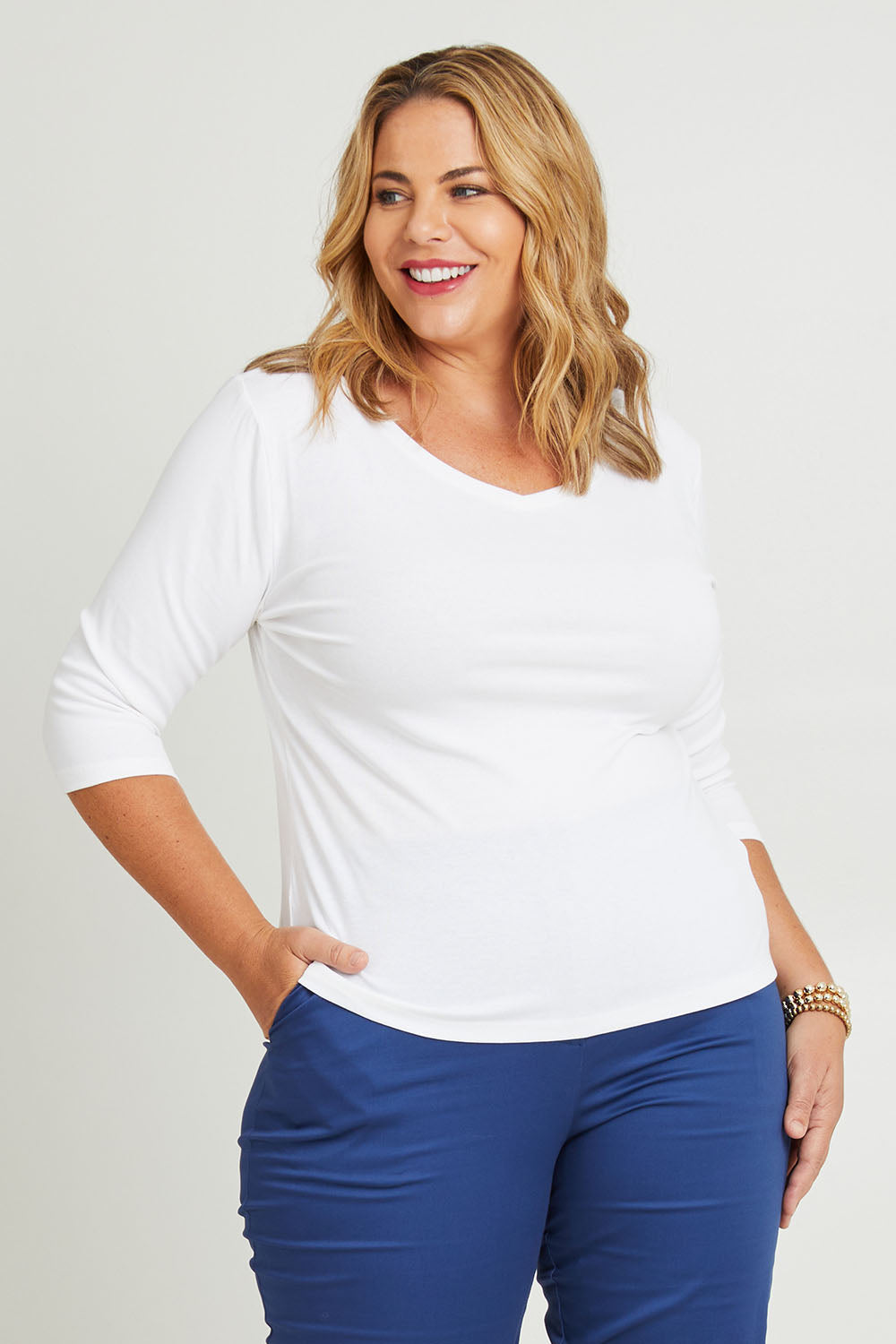 Model Fiona wearing size 16 of The Reversible Cotton Jersey Top in colour White (White), from the front, cropped image