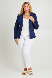 Model Fiona wearing size 16 of The Contrast Stitching Stretch Blazer in colour Navy (Blue), from the front, showing the whole outfit