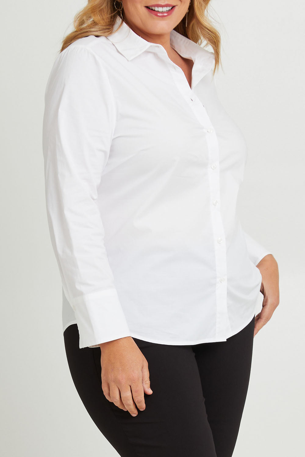 Model Fiona wearing size 16 of The Classic Cotton Stretch Shirt in colour White (White), from the front, cropped image
