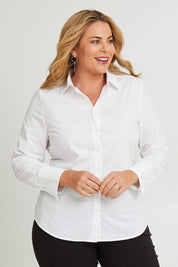 Model Fiona wearing size 16 of The Classic Cotton Stretch Shirt in colour White (White), from the front, cropped image