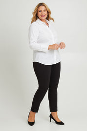 Model Fiona wearing size 16 of The Classic Cotton Stretch Shirt in colour White (White), from the front, showing the whole outfit