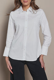 Model Madeline wearing size 10 of The Classic Cotton Stretch Shirt in colour White (White), from the front, cropped image