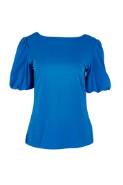 Product shot of The Reversible Bubble Sleeve Cotton Top in colour Palaceblue (Blue), detail