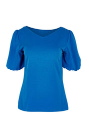 Product shot of The Reversible Bubble Sleeve Cotton Top in colour Palaceblue (Blue), from the front