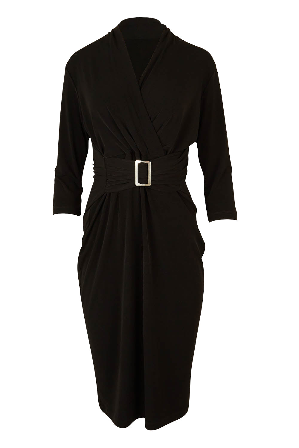 Product shot of The Elegant Buckle Dress in colour Black (Black), from the front