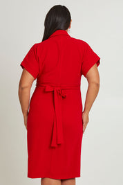 Model Ashleigh wearing size 16 of The Kimono Sleeve Collar Wrap Dress in colour Red (Red), from the back