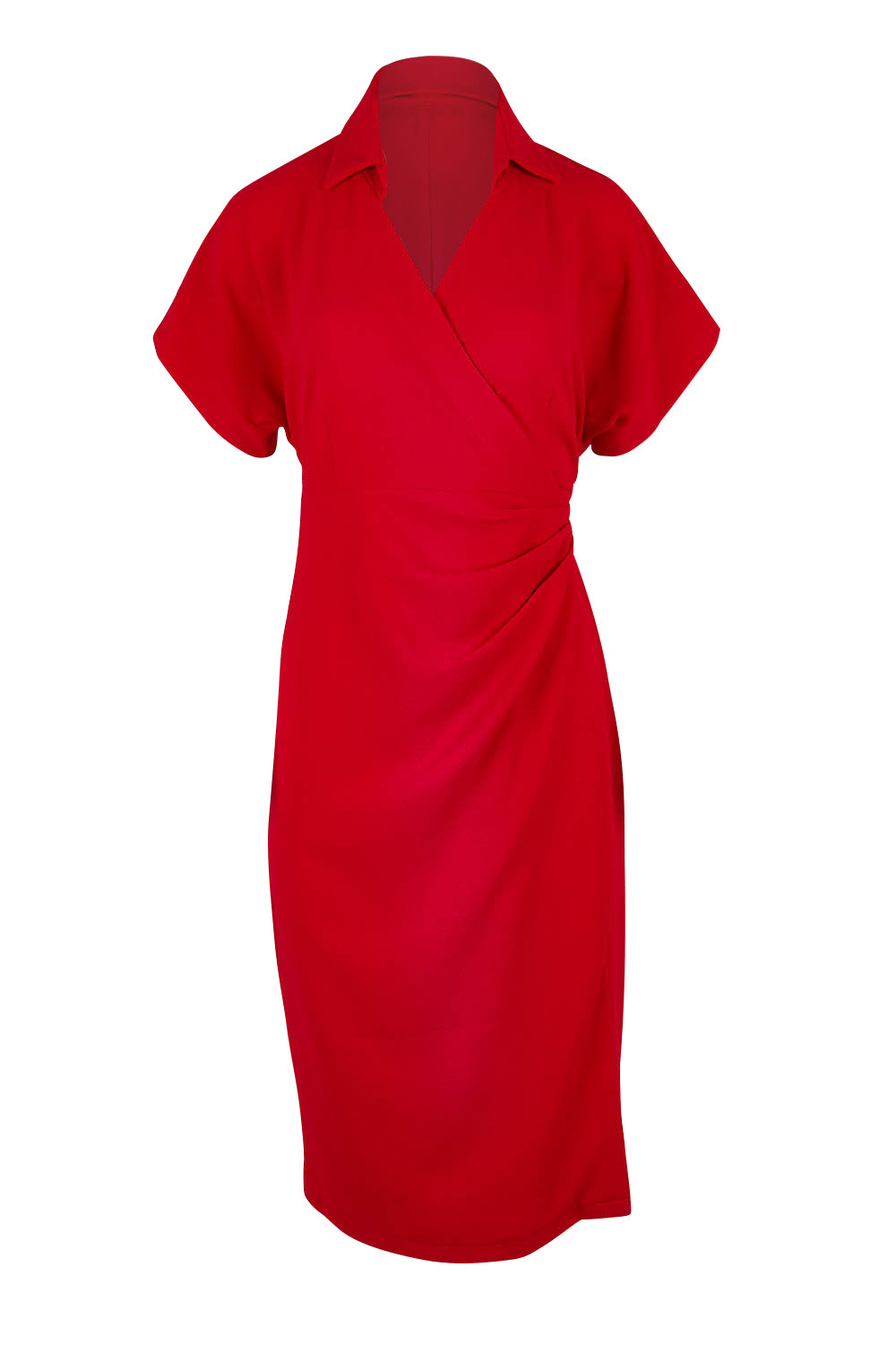 Product shot of The Kimono Sleeve Collar Wrap Dress in colour Red (Red), from the front