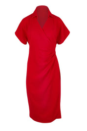 Product shot of The Kimono Sleeve Collar Wrap Dress in colour Red (Red), from the front