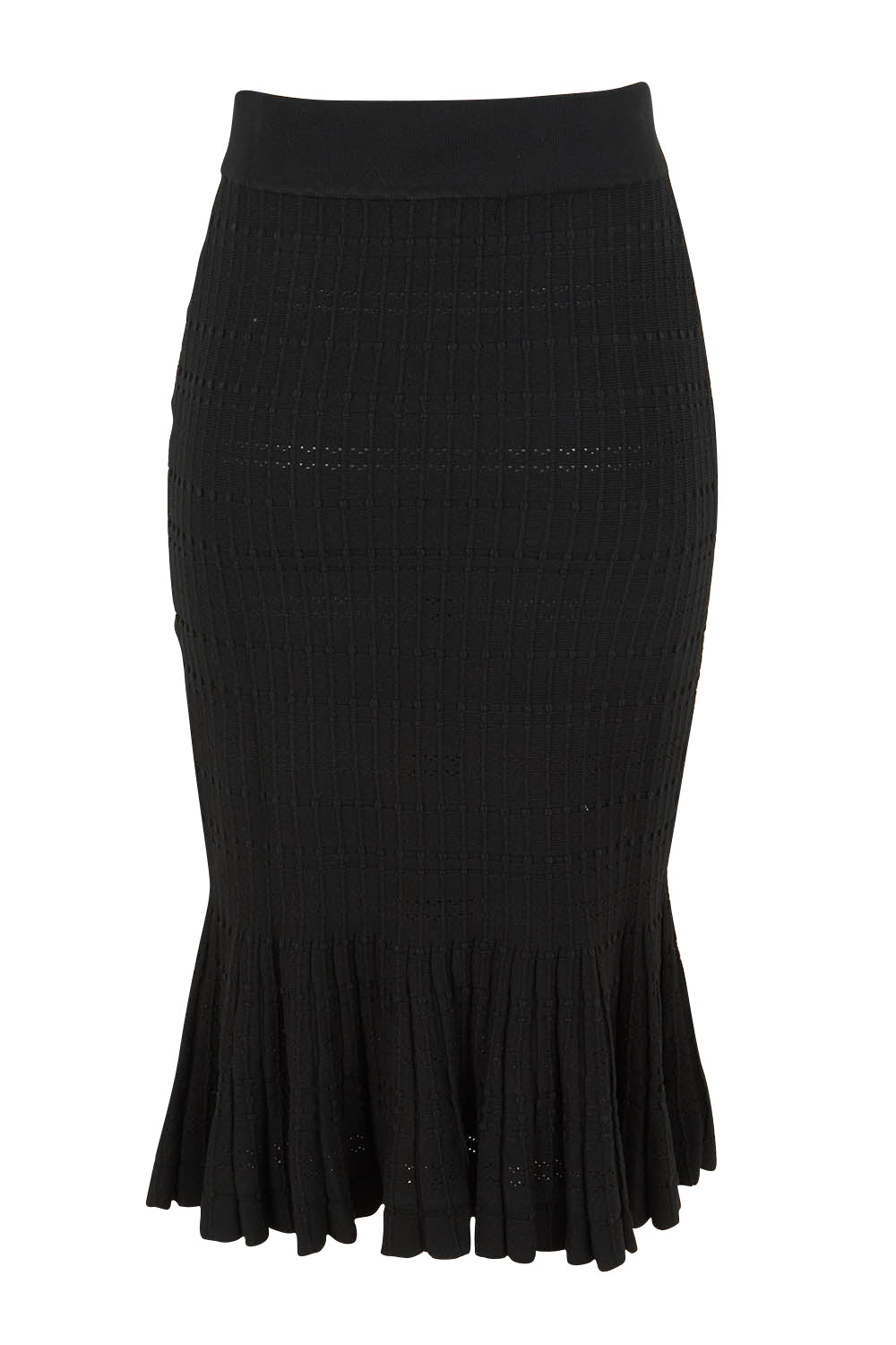 Product shot of The Textured Knit Frill Skirt in colour Black (Black), from the back