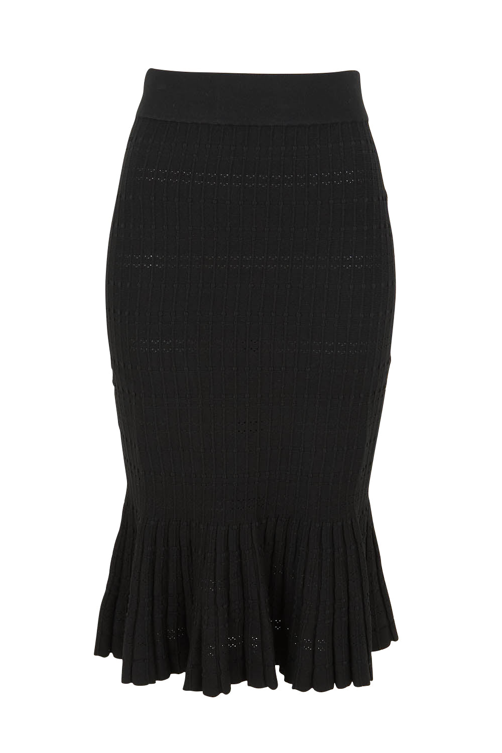 Product shot of The Textured Knit Frill Skirt in colour Black (Black), from the front