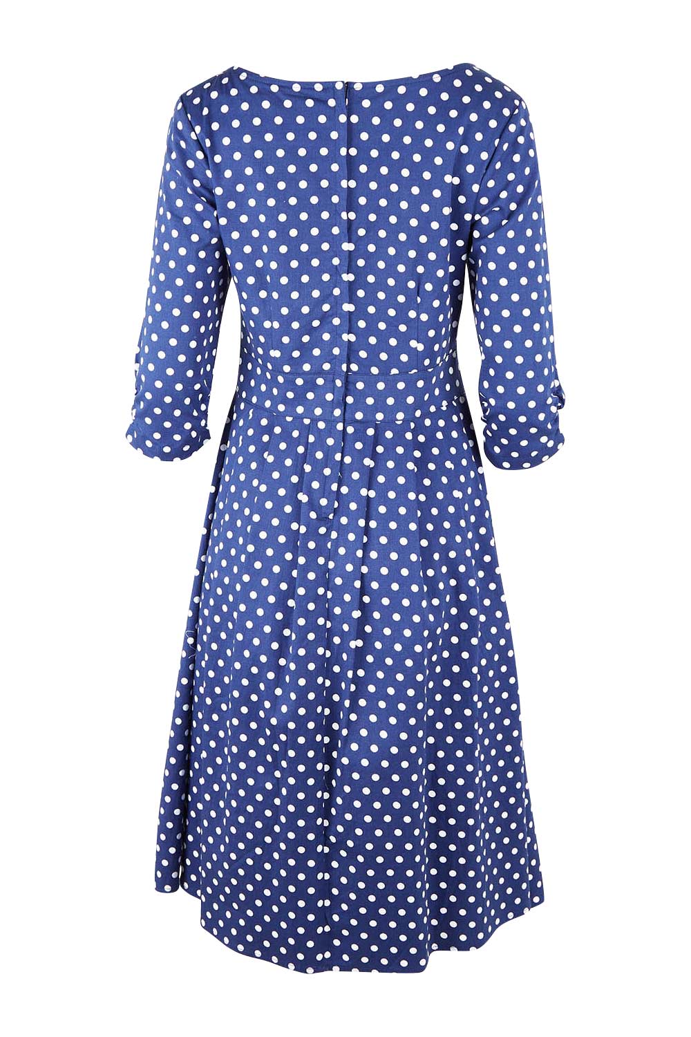 Product shot of The 3/4 Sleeve Cotton Stretch Dress in colour Spots (Blue), from the back