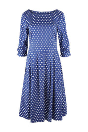 Product shot of The 3/4 Sleeve Cotton Stretch Dress in colour Spots (Blue), from the front