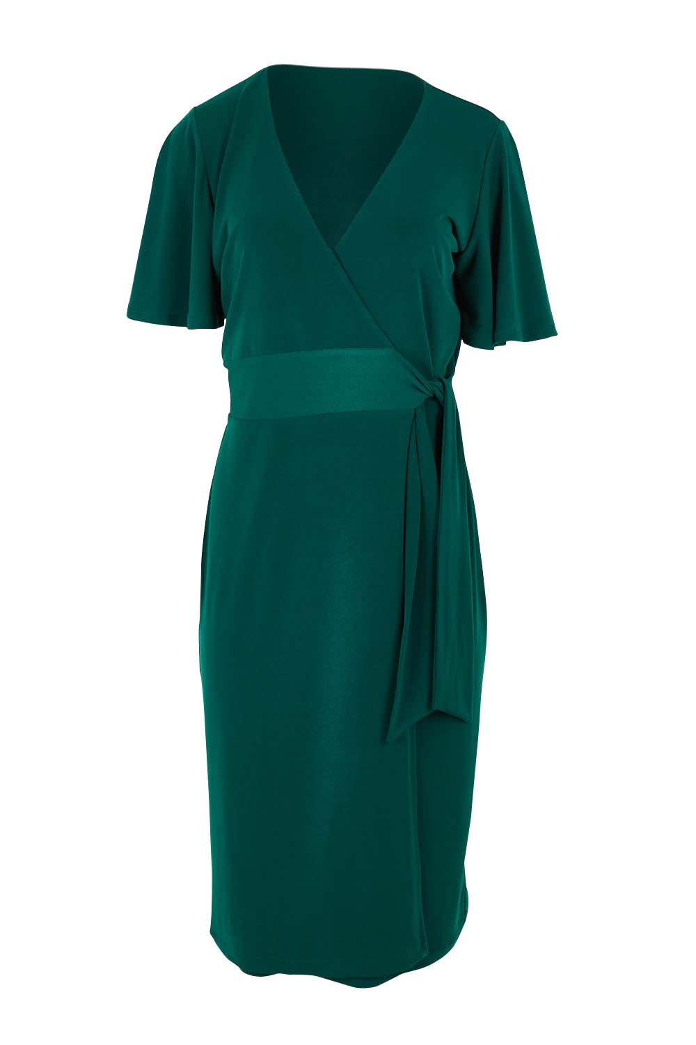 Product shot of The Mock Wrap Dress in colour Pine (Green), from the front