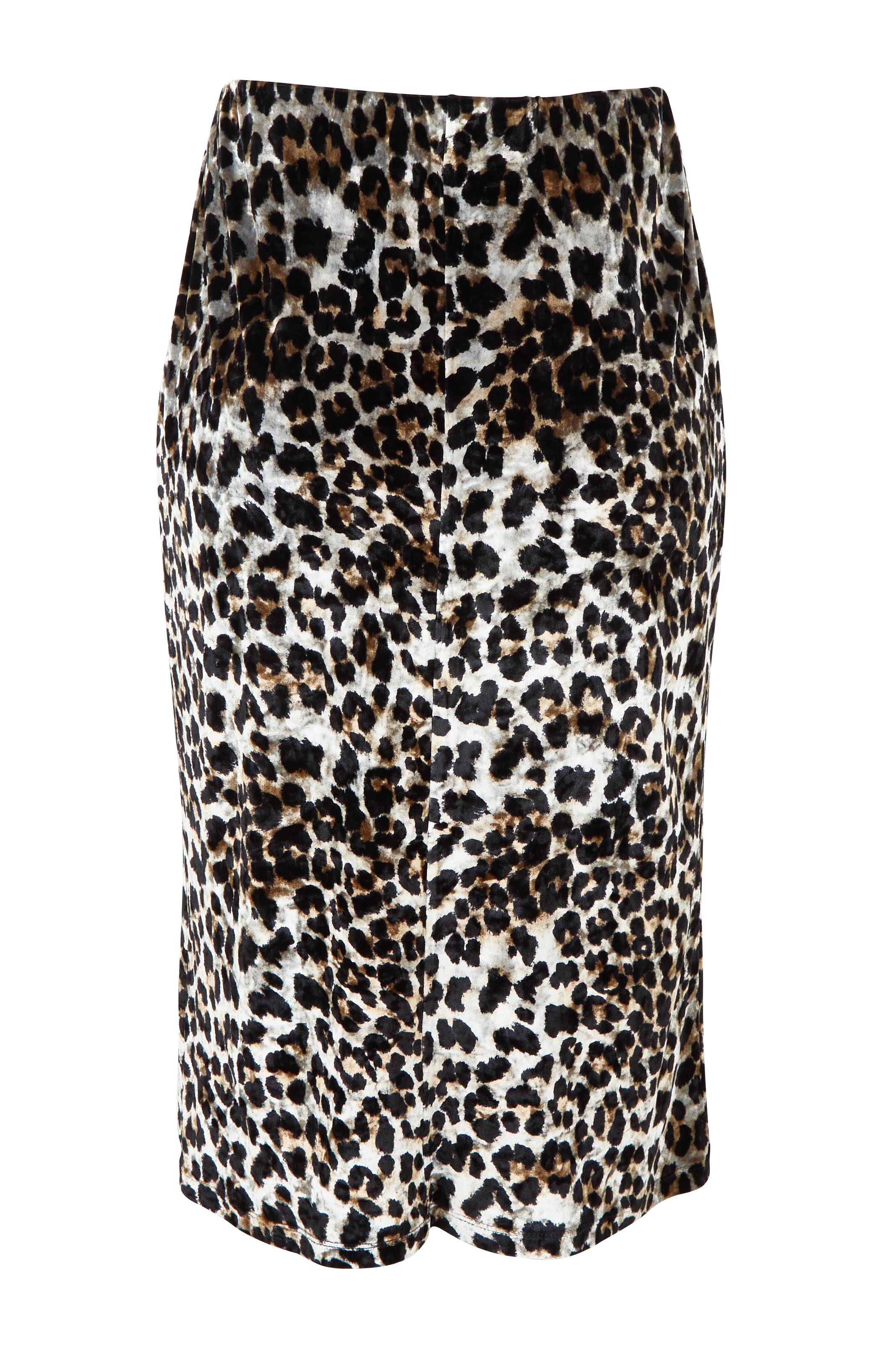 Product shot of The Printed Velvet Pull On Skirt in colour Leopard (Black), from the back