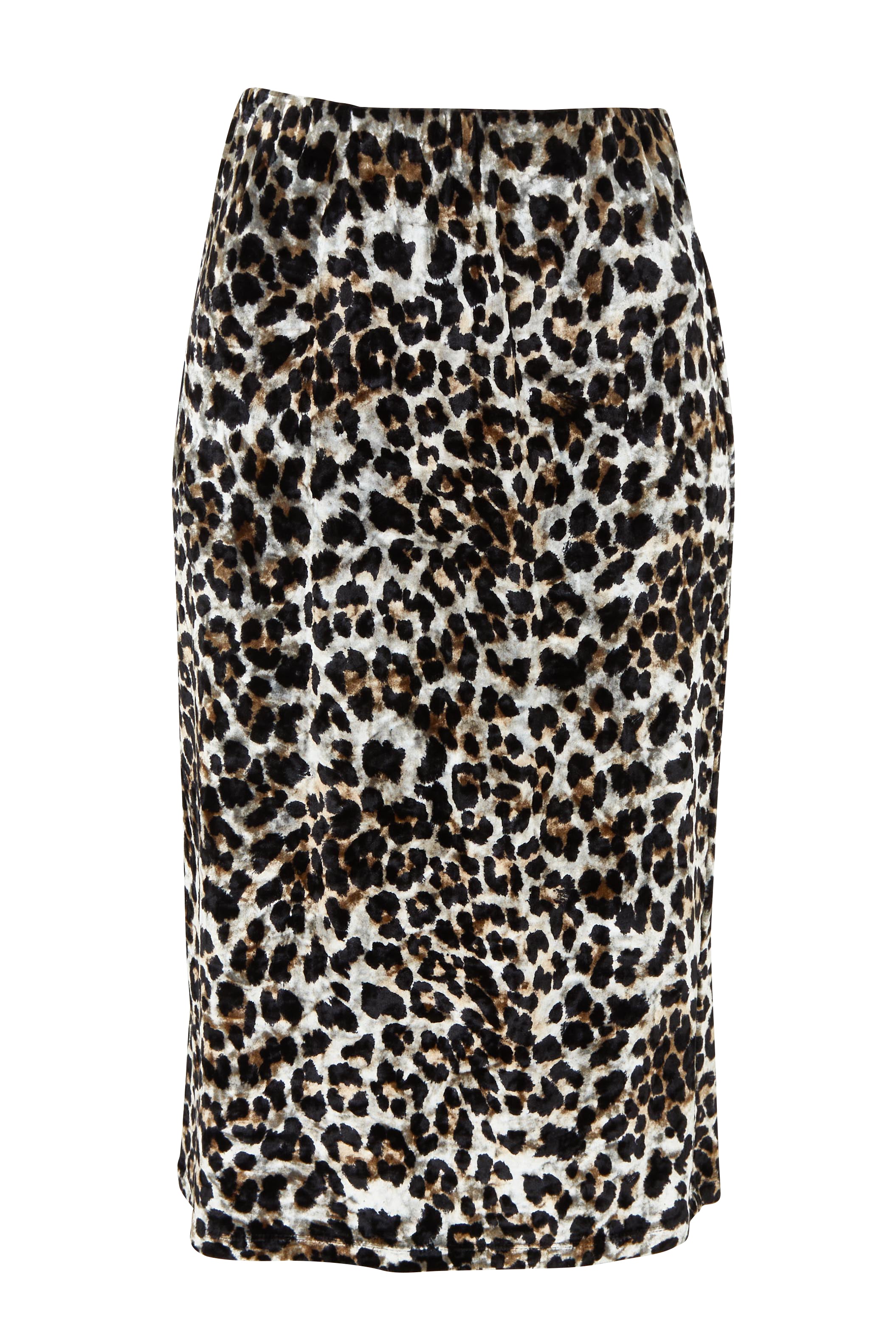 Product shot of The Printed Velvet Pull On Skirt in colour Leopard (Black), from the front
