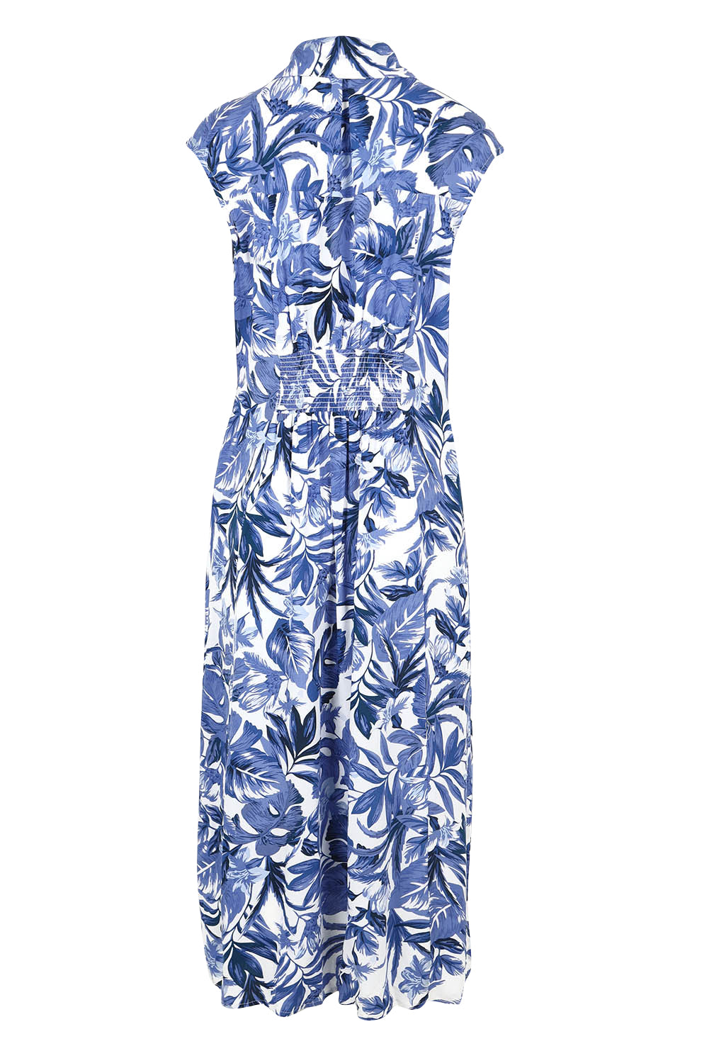 Product shot of The Shirred Waist Button Through Dress in colour Tropics (Blue), from the back