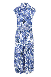 Product shot of The Shirred Waist Button Through Dress in colour Tropics (Blue), from the back