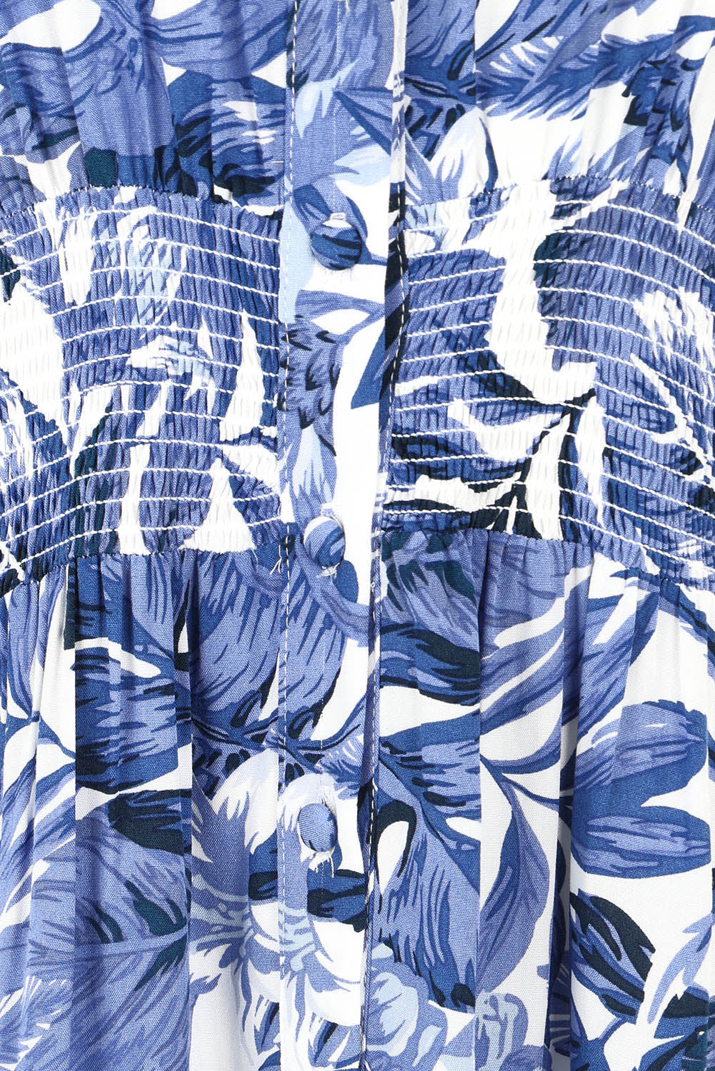 Product shot of The Shirred Waist Button Through Dress in colour Tropics (Blue), detail