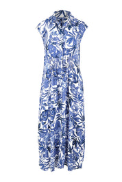 Product shot of The Shirred Waist Button Through Dress in colour Tropics (Blue), from the front
