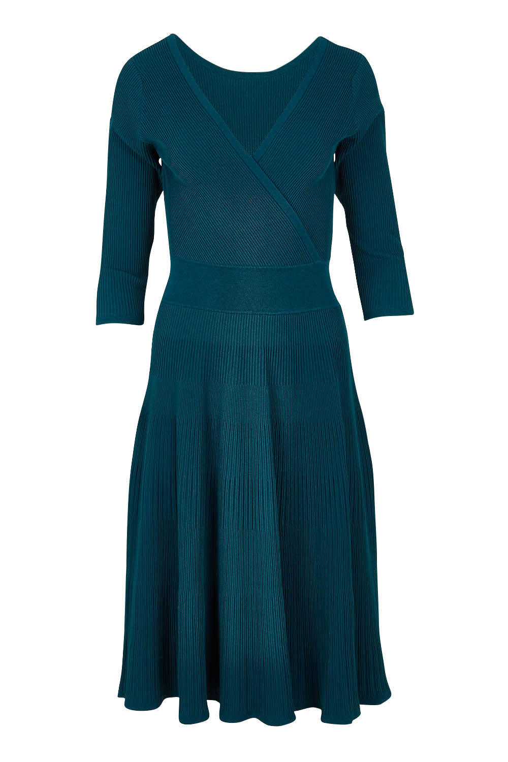 Product shot of The 3/4 Sleeve Reversible Knit Dress in colour Darkpetrol (Blue), from the front
