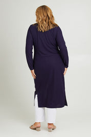 Model Fiona wearing size 16 of The Button Through Rib Dress With Belt in colour Indigo (Blue), from the back