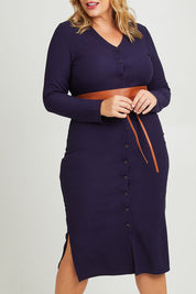 Model Fiona wearing size 16 of The Button Through Rib Dress With Belt in colour Indigo (Blue), from the front, cropped image
