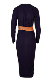 Product shot of The Button Through Rib Dress With Belt in colour Indigo (Blue), from the back